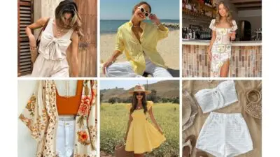 Collage of women’s summer outfits: dresses, tops, and beachwear in sunny settings. Perfect fashion inspiration for warm weather.