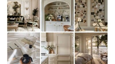 Collage of cozy, elegant interiors featuring a living room, kitchen, inspiration board, reading nook, and bedroom with nature views.