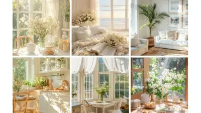 Collage of bright, cozy interiors with white flowers, sunlight, and elegant decor, perfect for inspiring home decor ideas.