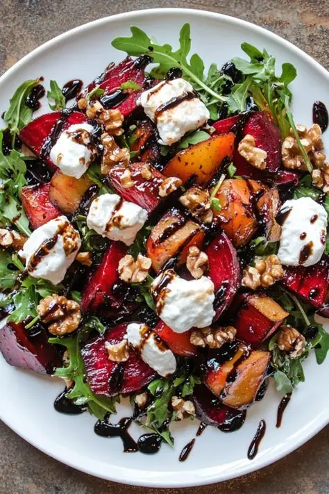 Colorful beet and peach salad with arugula, walnuts, goat cheese, and balsamic glaze drizzled on a white plate. Fresh and appetizing!