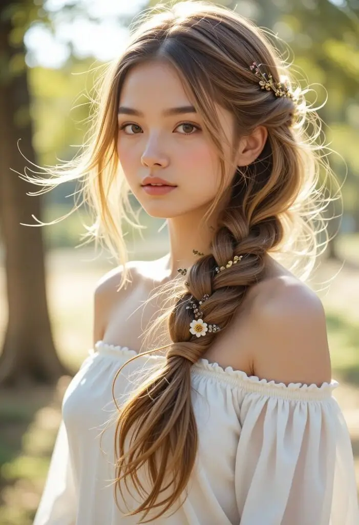 Young woman with a loose braid and floral hair accessories in a white off-shoulder top, standing outdoors.