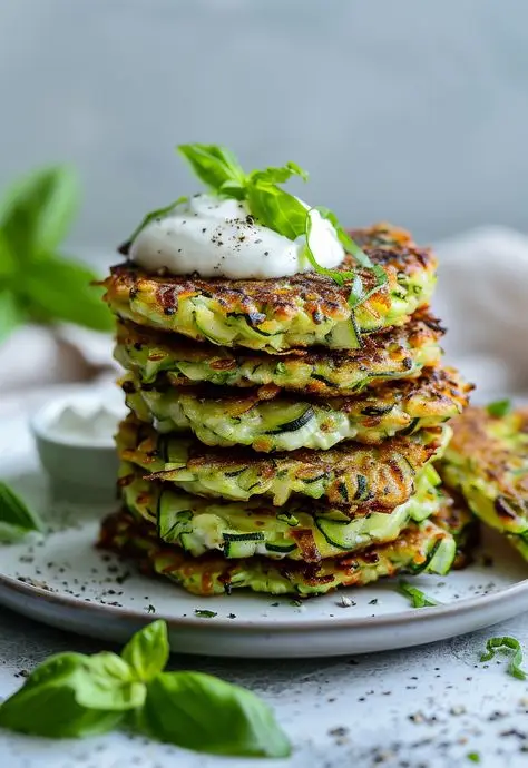 Stack of zucchini fritters topped with sour cream and basil, served on a plate; perfect for a healthy vegetarian meal.