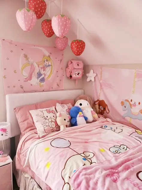 Cute pink bedroom with plush toys, strawberry decor, and anime wall art, creating a whimsical and cozy aesthetic.
