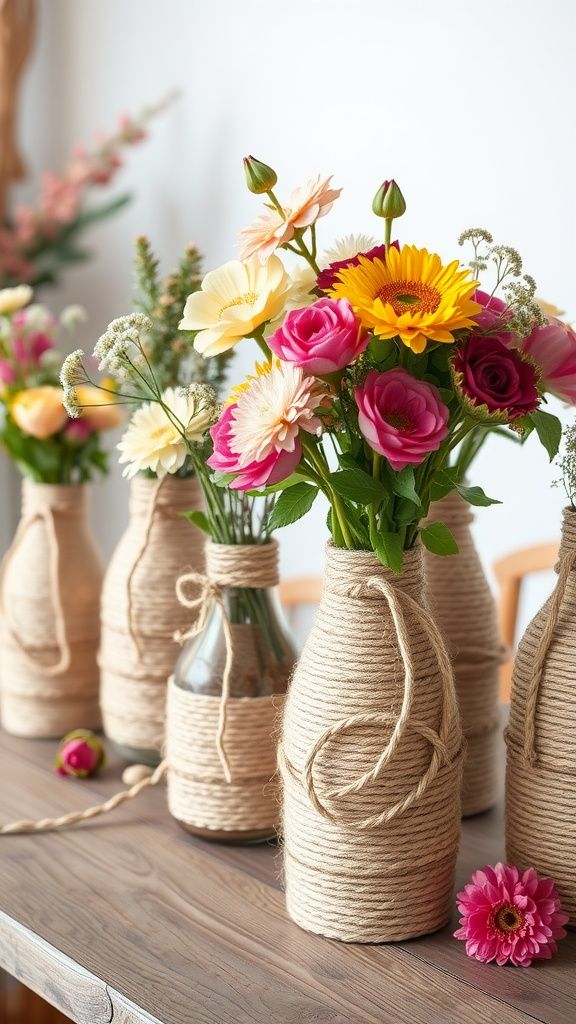 Rustic vases wrapped in twine with vibrant flowers, including sunflowers and roses, on a wooden table. Perfect for home decor.