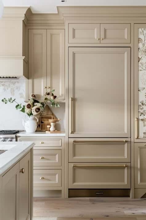 Elegant kitchen with beige cabinetry, integrated fridge, floral backsplash, and decorative vase on countertop for a classic, cozy feel.