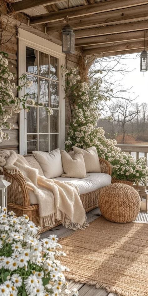 Cozy cottage porch with wicker sofa, white cushions, blanket, rattan ottoman, and blossoming flowers. Peaceful and inviting outdoor space.