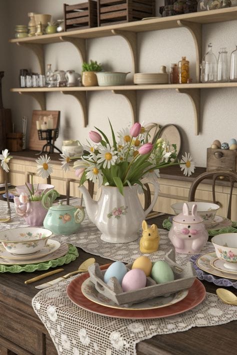 Easter-themed table setting with pastel eggs, floral teapot centerpiece, daisy flowers, and vintage dishware on lace tablecloth.