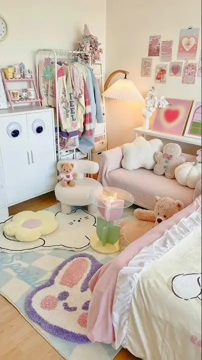 Cute pastel-themed bedroom with plush toys, decorative pillows, and cozy furnishings, creating a dreamy and whimsical vibe.