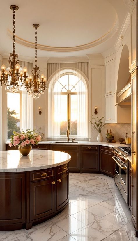 Elegant kitchen with arched window, marble floors, wooden cabinets, and chandelier lighting. Sunlight streaming in.