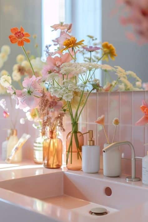 Stylish pink bathroom vanity adorned with colorful wildflowers in glass vases, creating a fresh and inviting atmosphere.