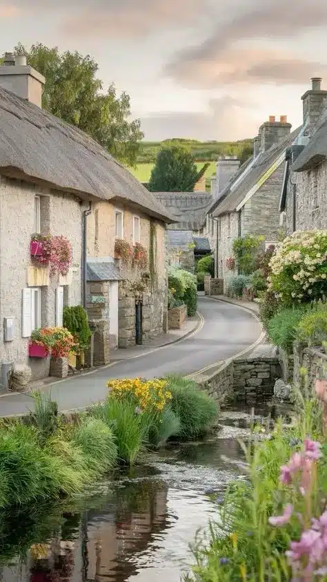 Charming English village scene with stone cottages, blooming flowers, and a serene stream reflecting a peaceful countryside ambiance.