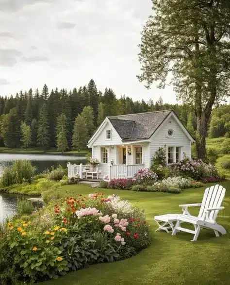 Charming cottage by a lake with a lush garden, surrounded by trees and flowers, featuring chairs on the grass. Peaceful nature retreat.
