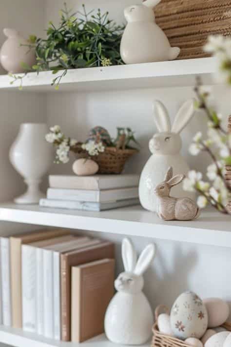 Easter-themed shelf with decorative rabbit figurines, books, and floral accents for a cozy, festive home atmosphere.