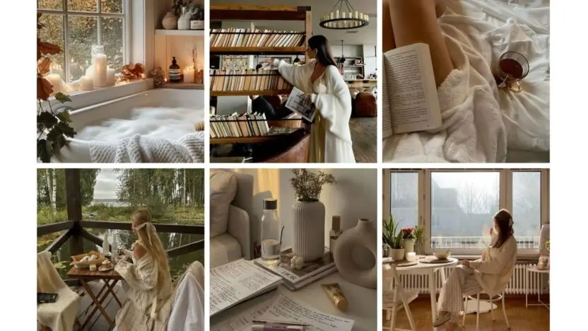 Cozy home moments: reading, relaxing baths, and serene views enhance tranquility and comfort in a warm, inviting atmosphere.