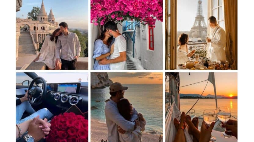 Romantic getaway moments: Couple in scenic destinations, sunset beach, yacht sailing, Paris view, and a car ride with roses.