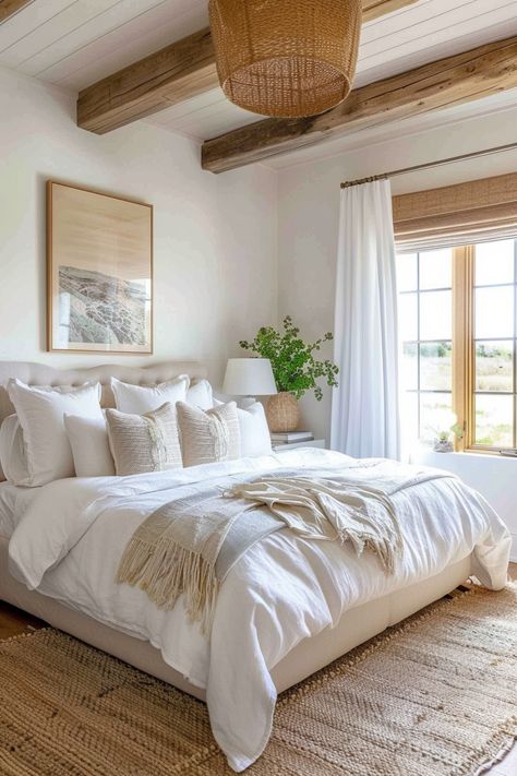 Cozy bedroom with a rustic vibe, featuring a plush bed, wooden beams, large window, and natural accents for a serene atmosphere.