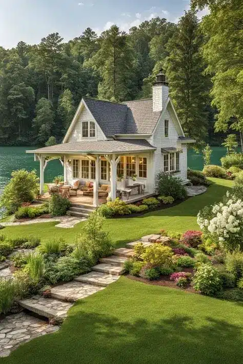 Charming lakeside cottage with a lush garden, nestled among trees. Perfect tranquil retreat with scenic views and cozy outdoor seating.
