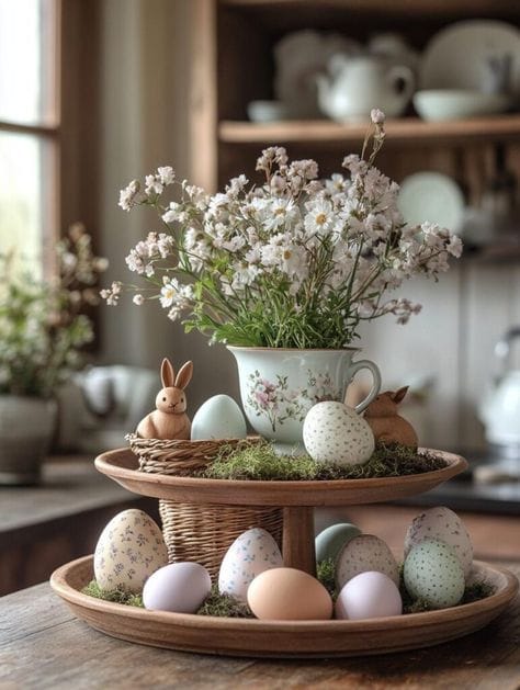 Spring-themed decor with pastel eggs and flowers in a cozy kitchen. Bunnies and moss add charm to the wooden tiered tray.