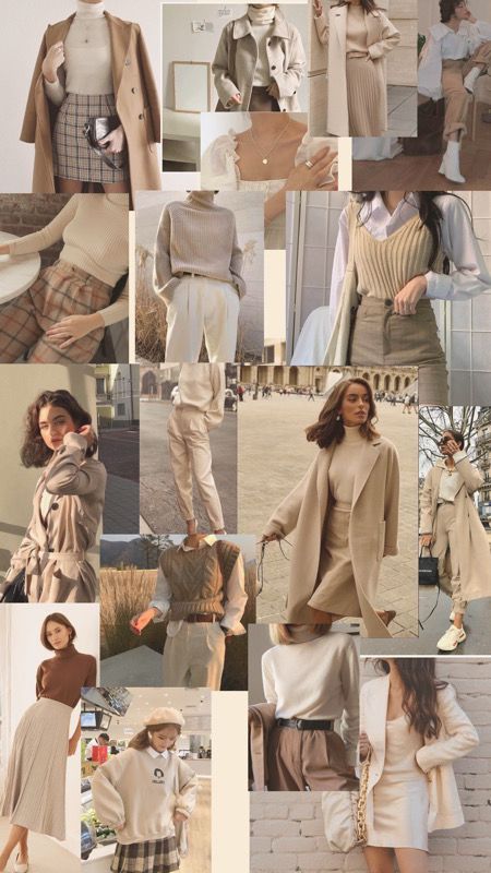Collage of women in elegant neutral and beige outfits, showcasing cozy fall fashion with coats, sweaters, and skirts.