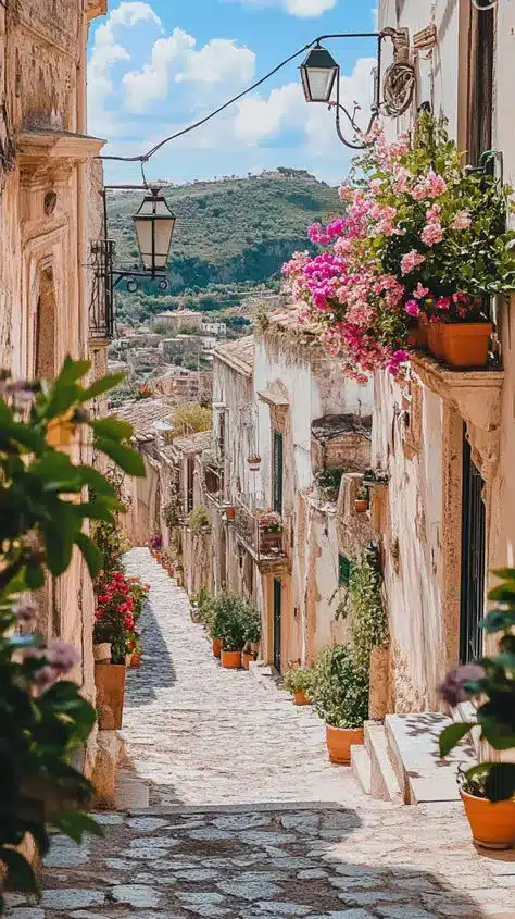 Charming cobblestone street with flowers in a scenic Mediterranean village, overlooking lush hills under a blue sky.