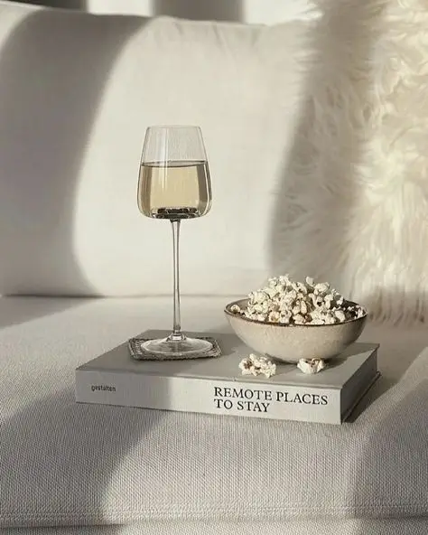 Glass of white wine and a bowl of popcorn on a book titled Remote Places to Stay on a cozy white couch.