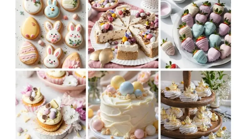 A delightful assortment of Easter-themed desserts, featuring decorated cookies, cakes, and chocolate-covered strawberries.