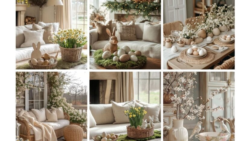 Cozy spring decor with floral arrangements, eggs, and bunny accents on sofas and tables, creating a serene and festive atmosphere.
