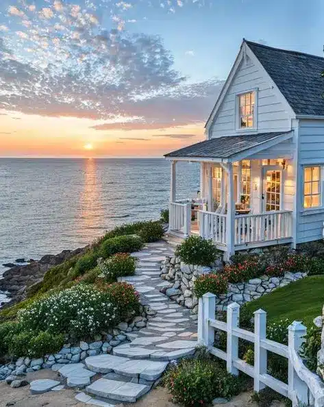 Charming coastal cottage with a white fence, overlooking a serene ocean sunset and surrounded by lush flowers on a stone path.