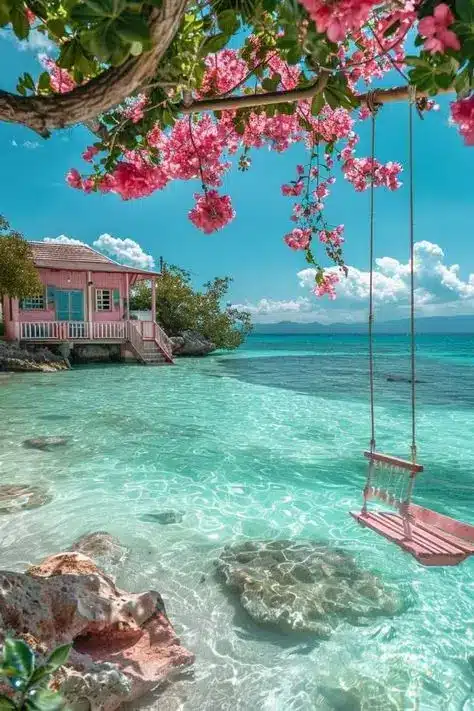 Tropical paradise: Pink house by clear turquoise waters, vibrant flowers, and a swing over the pristine lagoon under a sunny sky.