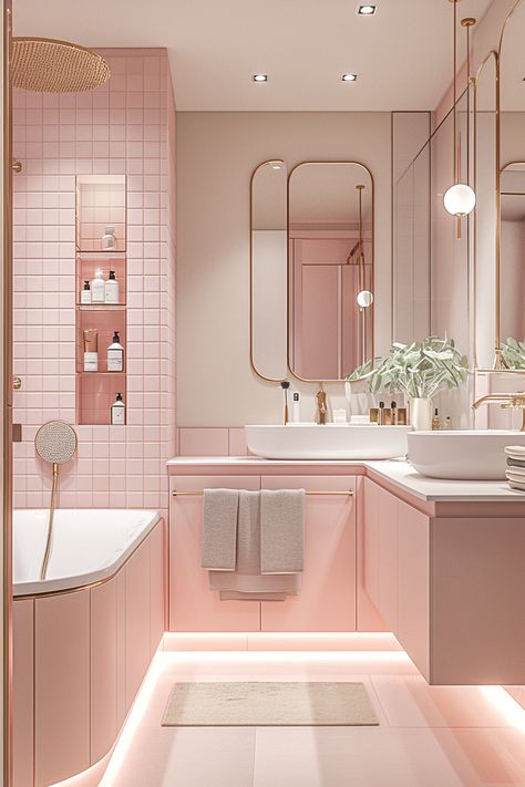 Pink modern bathroom with sleek fixtures, double vanity, bathtub, and soft lighting. Elegant design with stylish mirrors.