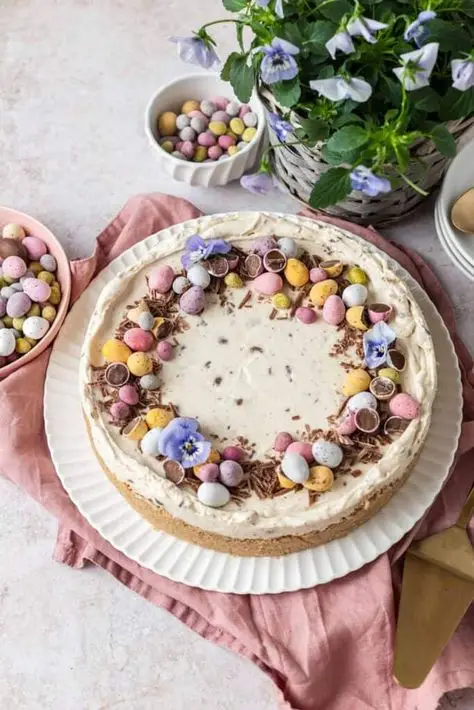 Creamy Easter cheesecake topped with colorful mini eggs and flowers, on a white plate with pastel decor. Perfect for spring celebrations.