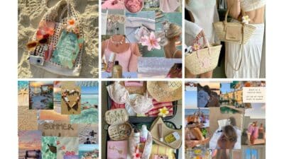 Summer themed collage featuring beach accessories, travel images, and stylish outfits for a beach party vibe.