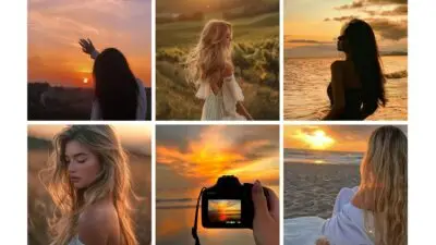 Collage of sunset views: women in nature, beach, and photography. Golden skies and serene landscapes convey tranquility and beauty.