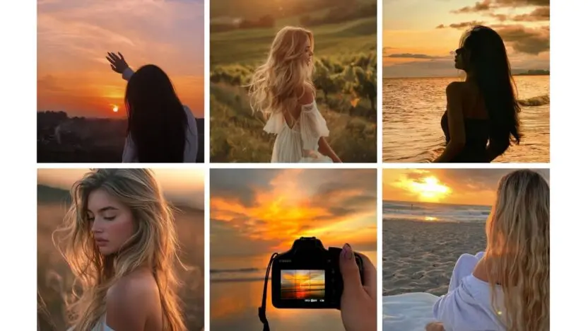 Collage of sunset views: women in nature, beach, and photography. Golden skies and serene landscapes convey tranquility and beauty.