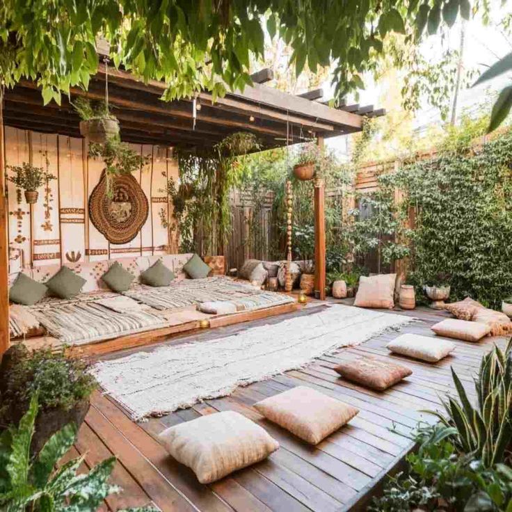 Cozy outdoor lounge with wooden deck, plush cushions, and lush greenery, creating a serene bohemian retreat.