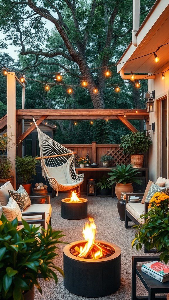 Cozy outdoor patio with hammock, string lights, and fire pits, surrounded by lush greenery for a relaxing evening retreat.