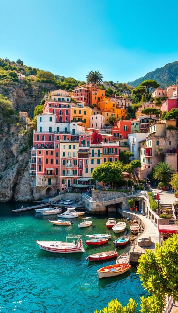 Colorful cliffside village with boats docked on a vibrant turquoise harbor, under a clear blue sky. Perfect Italian coastal scene.