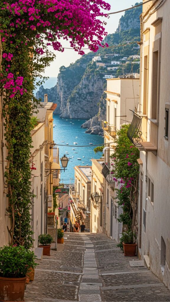 Charming narrow street in Capri, Italy, lined with flowers, leading down to the sea with cliffs in the distance.