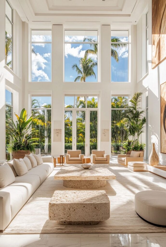 Luxurious modern living room with tall windows, neutral decor, and palm trees visible outside. Elegant and spacious interior design.