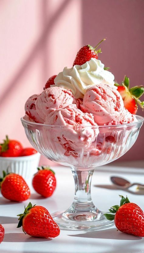 Strawberry ice cream sundae in a glass dish, topped with whipped cream and fresh strawberries, surrounded by whole strawberries.