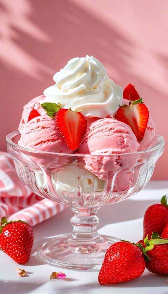 Strawberry ice cream sundae topped with whipped cream and fresh strawberries in a glass dish, on a pink background.