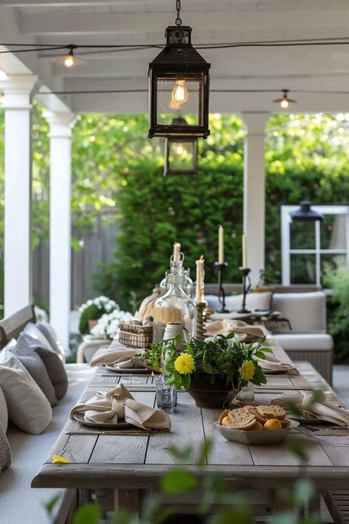 Elegant outdoor patio dining setup with rustic lanterns, lush greenery, and a wooden table adorned with flowers and candles.