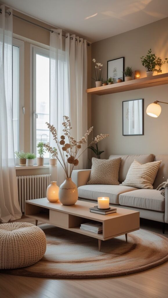 Cozy living room with beige sofa, round rug, modern decor, and ambient candles next to large window with sheer curtains.