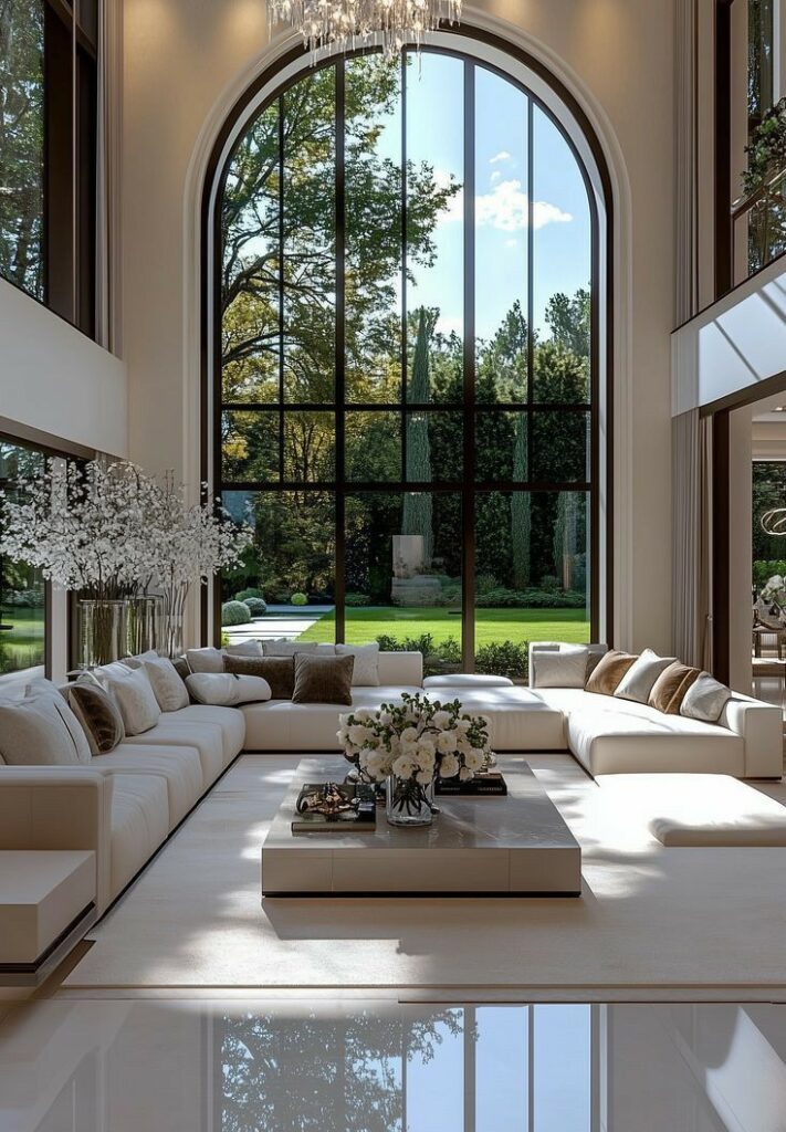 Luxurious living room with large arched window, elegant white sofa, and greenery view, creating a relaxing, spacious ambiance.