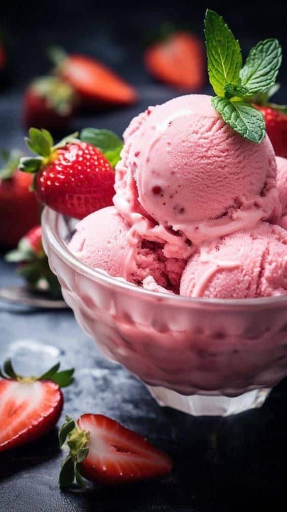 Delicious strawberry ice cream with fresh strawberries and mint garnish in a glass bowl, perfect summer dessert.