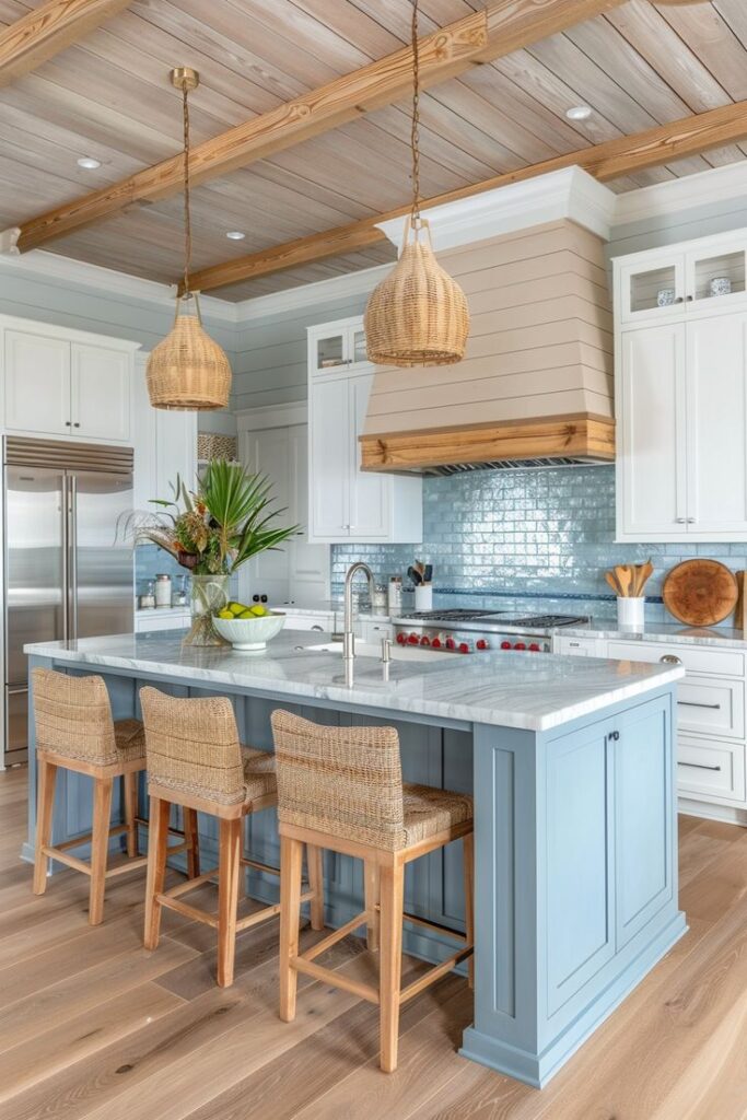 50+ Coastal Kitchen Decor Ideas - Handy Home Modern coastal kitchen with blue island, rattan chairs, marble countertop, and pendant lights. Bright, airy design with wood accents.