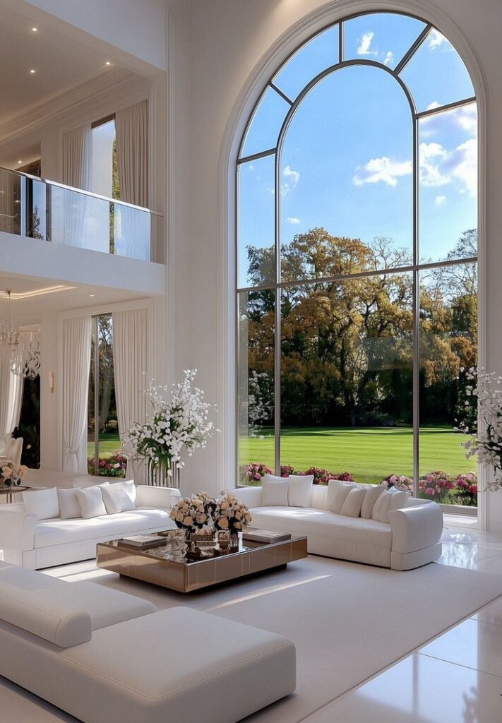 Luxurious living room with large arched window, elegant white sofas, and vibrant garden view, showcasing modern interior design.