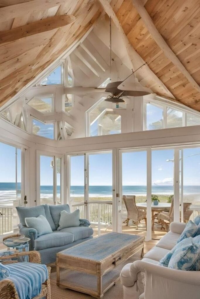 69630a74-0eac-4fd3-891c-15649fcf76fd - Handy Home Cozy beach house living room with ocean views, wooden ceiling, and comfortable seating. Serene coastal retreat design.