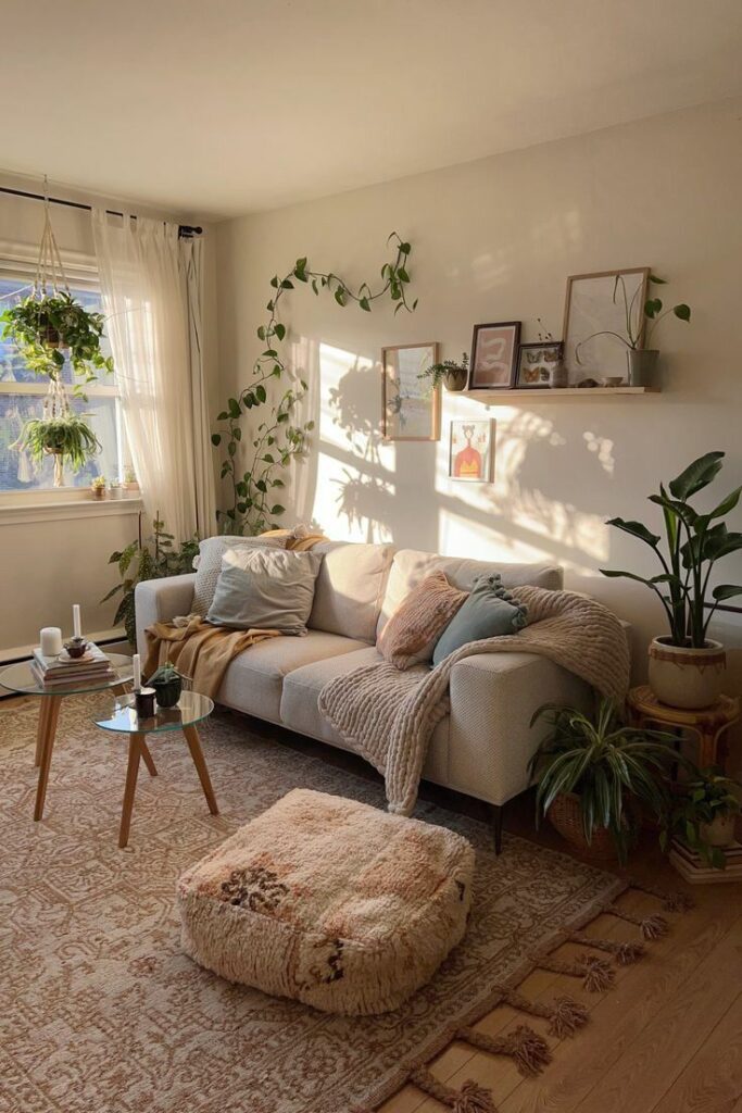 Cozy living room with sofa, plants, wall art, and natural light. Minimalistic decor, warm earth tones, and soft textures.