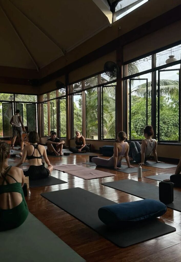 Yoga class in a serene studio with large windows offering lush greenery views, students seated on mats in gentle poses.